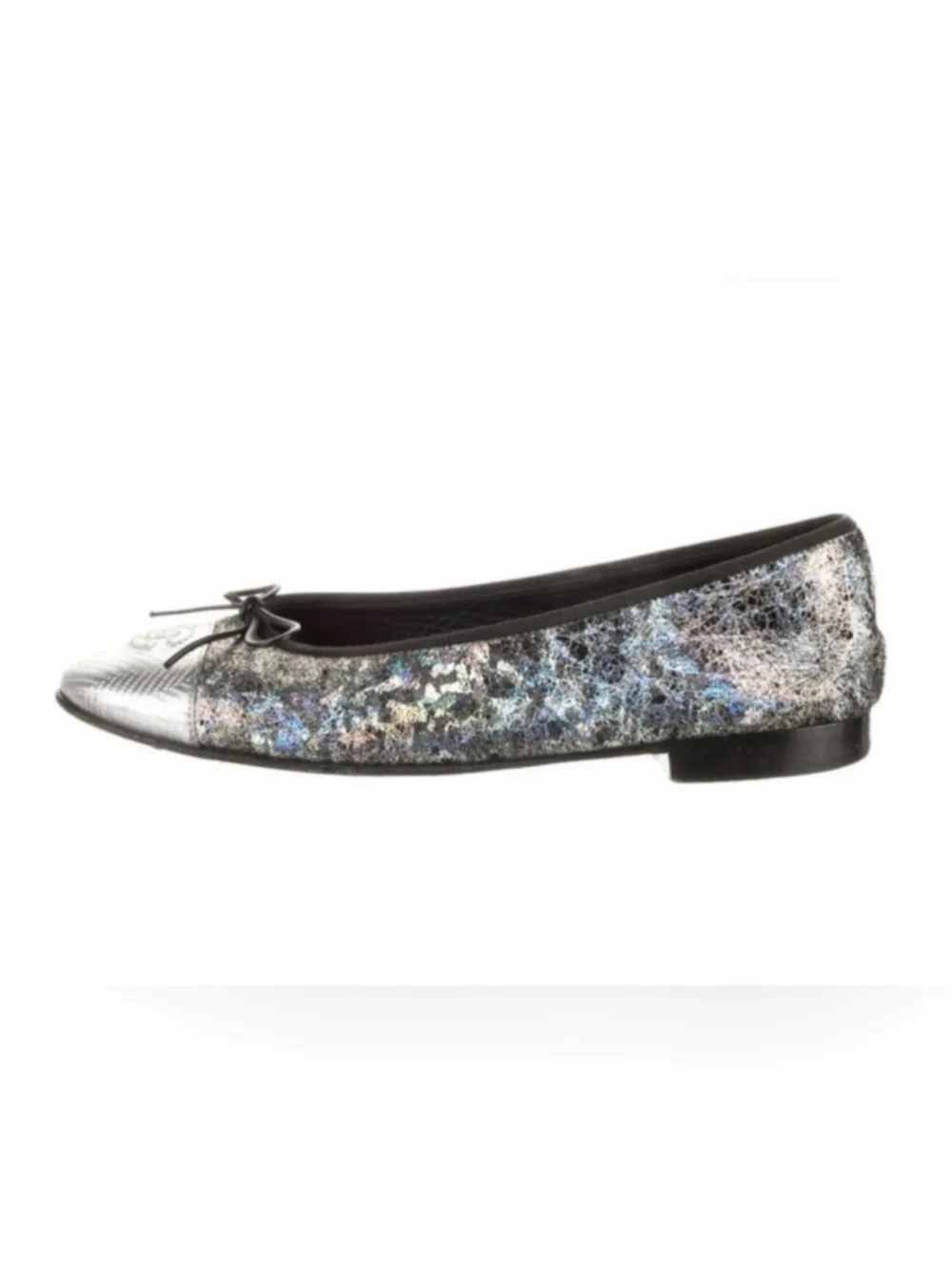 Chanel Rare CC Ballet Flat Silver Cap Toe Holographic Suede Leather EU 38.5